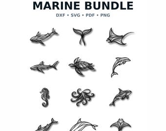 Marine Laser Cut File Bundle, Ocean Animals SVG, Wall Art DXF (12 Designs)