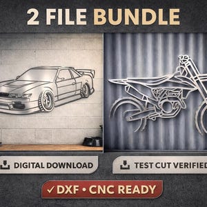 May include: A 2 file bundle featuring digital metal wall art designs of a sports car and a motocross bike. The text 2 FILE BUNDLE, DIGITAL DOWNLOAD, TEST CUT VERIFIED, and DXF CNC READY are visible. These are vector files for CNC cutting machines.