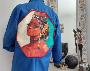 Upcycled blue work/chore jacket, unique model, handmade in Bordeaux