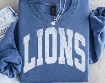 Lions Sweatshirt Distressed Print : Unisex Football Crewneck