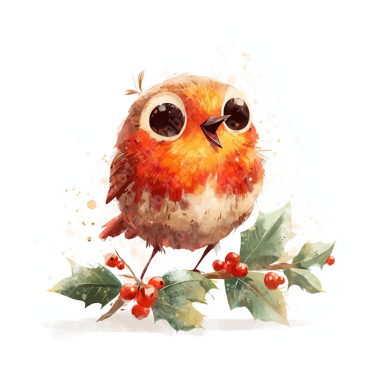 Whimsy Robin 10 Whimsical Christmas Robin Watercolor Clipart, Commercial Use ...