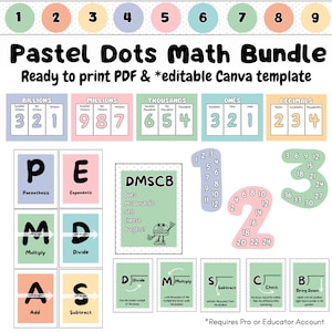 Pastel Dots Math Focus Wall Bulletin Board Bundle: multiples, place value, PEMDAS, long division, integers. PDF download. Canva template.