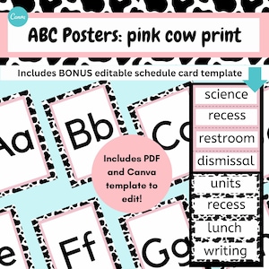 Pode incluir: Cartazes ABC com um design de impressão de vaca rosa. Os cartazes apresentam as letras do alfabeto de A a G, com uma borda de impressão de vaca em preto e branco. Inclui modelos de cartões de horário editáveis com etiquetas como "ciência" e "recreio".