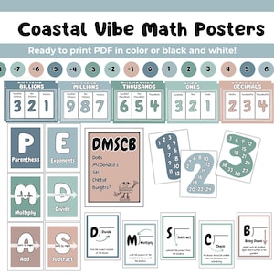 Coastal Place Value Posters: bulletin board for elementary math, neutral boho colors, decimals, printable and editable PDF