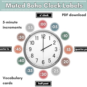 Etiquetas modernas de estilo bohemio para relojes, recurso imprimible para aprender a decir la hora, descarga en PDF, decoración para aulas de primaria.
