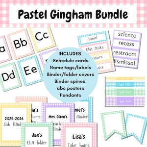 May include: Pastel Gingham Bundle includes schedule cards, name tags, binder covers, binder spines, ABC posters, and pendants. The items feature a pastel gingham pattern in pink, blue, yellow, and green, with text labels.