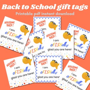 May include: A collection of square gift tags featuring a cartoon goldfish wearing sunglasses. The text reads Welcome Back! I am oFISHally glad you are here! Some tags have scalloped blue borders, while others feature colorful confetti dots.