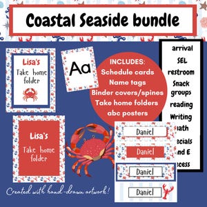 May include: A Coastal Seaside bundle with hand-drawn artwork. Includes schedule cards, name tags, binder covers, take home folders, and ABC posters. The design features a red crab, anchors, and the text "Lisa's Take home folder".