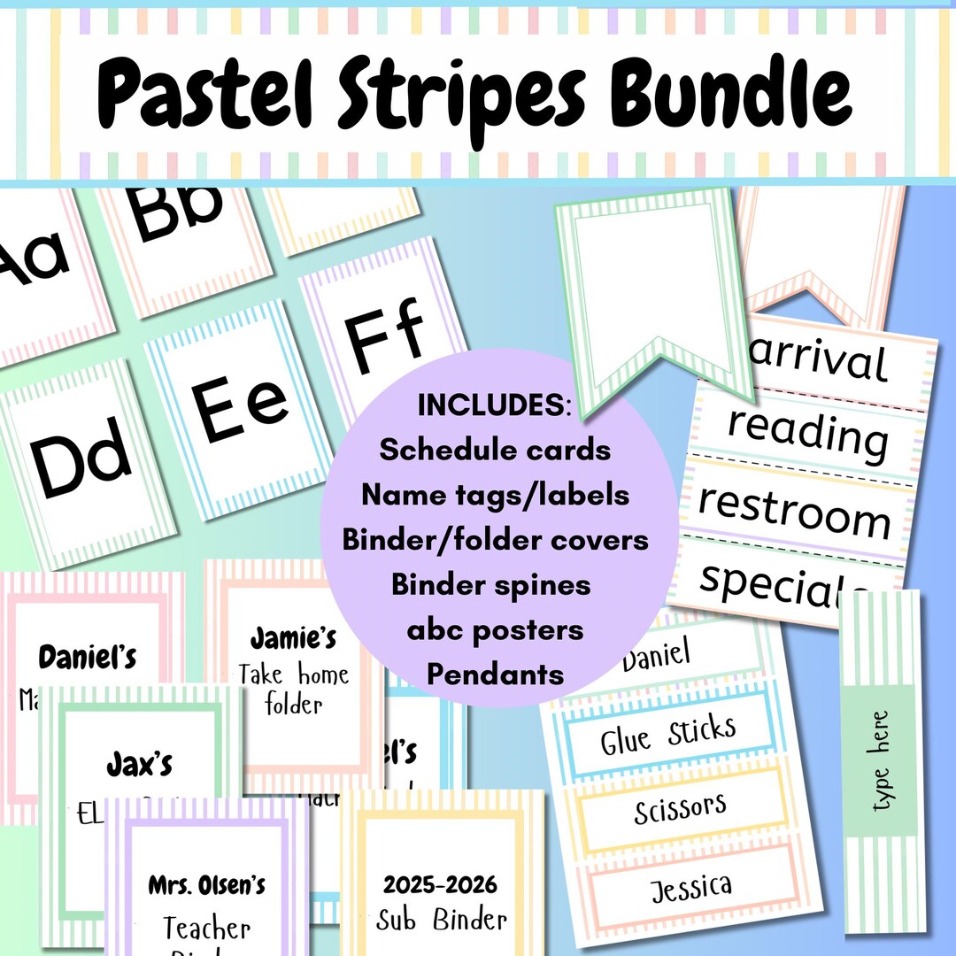 Pastel Stripes Classroom Decor Bundle: ABC, Schedule, Name Tags, Labels ...