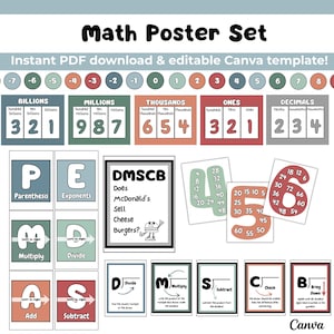 Moderna regnbågsfärgade anslagstavlor för matematik: PEMDAS, räkning, division, heltalslinje. Boho elementär dekor, redigerbar och utskrivbar