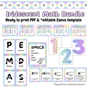 Iridescent Pastel Math Wall bundle: order of operations, place value, long division posters, multiples display, integer number line