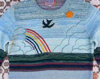 1970s Sun, Moon, Rainbow Scene Faded Glory Sweater