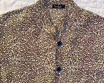 90s Rayon Green Leopard Print Blouse