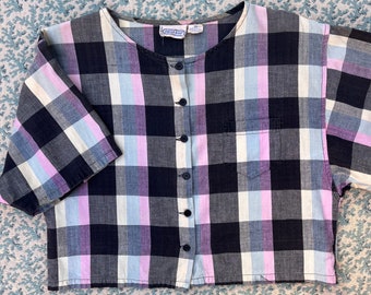 90s Cotton Button Up Plaid Crop