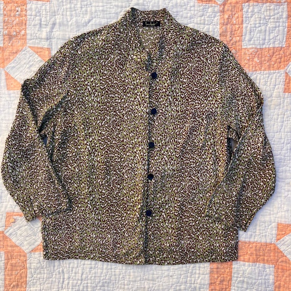 90s Rayon Green Leopard Print Blouse - image 2