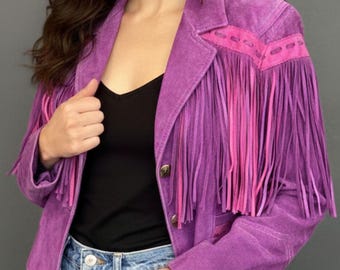 Women's Purple Suede Fringe Jacket | Cropped Western Tassels Coat | Vintage Style Leather Jacket