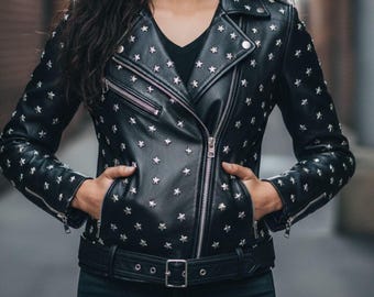 Womens Studded Leather Biker Jacket: Silver Star Brando Style