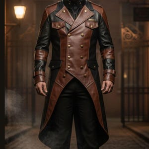 May include: A brown and black leather coat with a double-breasted design. The coat features a tailored fit, with a high collar and multiple pockets. The sleeves have buttoned cuffs. The coat is worn over black pants.