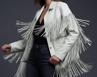 Fringe Leather Jacket White Color Western Handmade Jacket Women's Festival Style