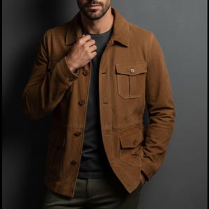 May include: A brown suede jacket with four front pockets and button closures. The jacket has a collared neckline and is worn over a dark gray t-shirt. The model is also wearing olive green pants.