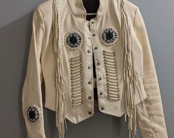 Vintage Fringe Jacket Women | Cream Western Leather Style Jacket | Boho Embellished Cropped Jacket | Festival Statement Coat