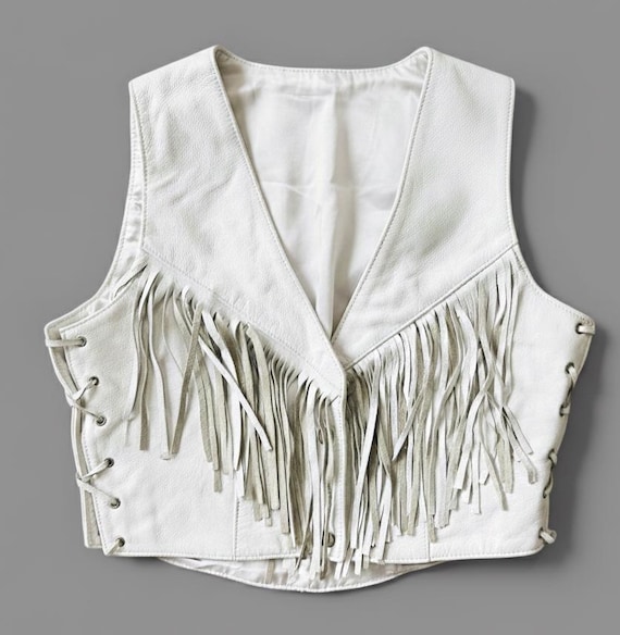 White Fringe Leather Vest for Women | Western Boho Suede Waistcoat | Festival Cowgirl Biker Vest | Handmade Statement Top