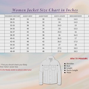 May include: A size chart for women's jackets, with measurements in inches. The chart includes sizes from XXS to 6XL, detailing body chest, jacket chest, waist, sleeve length, shoulder width, and body length. An illustration of a jacket is included.