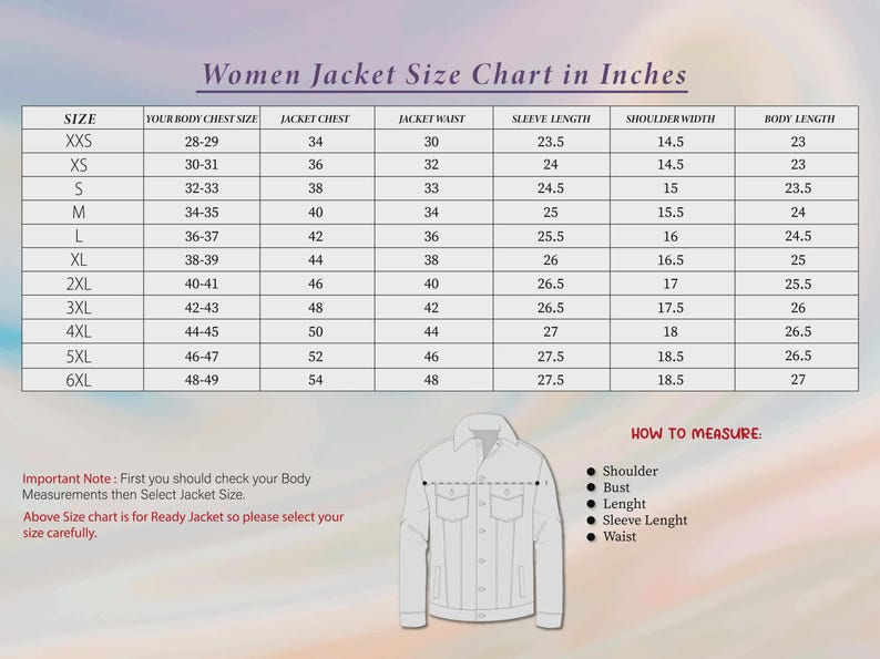 May include: A size chart for women's jackets, with measurements in inches. The chart includes sizes from XXS to 6XL, detailing body chest, jacket chest, waist, sleeve length, shoulder width, and body length. An illustration of a jacket is included.