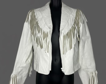 White Leather Fringed Jacket: Women's Western Style Leather Festival Coat