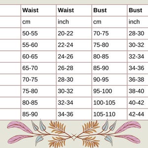Op de afbeelding: Een maattabel met taille- en borstomvang in centimeters en inches, vari&euml;rend van XXS tot 3XL. De tabel toont maten zoals 50-55 cm taille en 70-75 cm borstomvang.