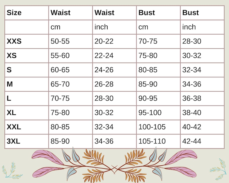 Op de afbeelding: Een maattabel met taille- en borstomvang in centimeters en inches, vari&euml;rend van XXS tot 3XL. De tabel toont maten zoals 50-55 cm taille en 70-75 cm borstomvang.