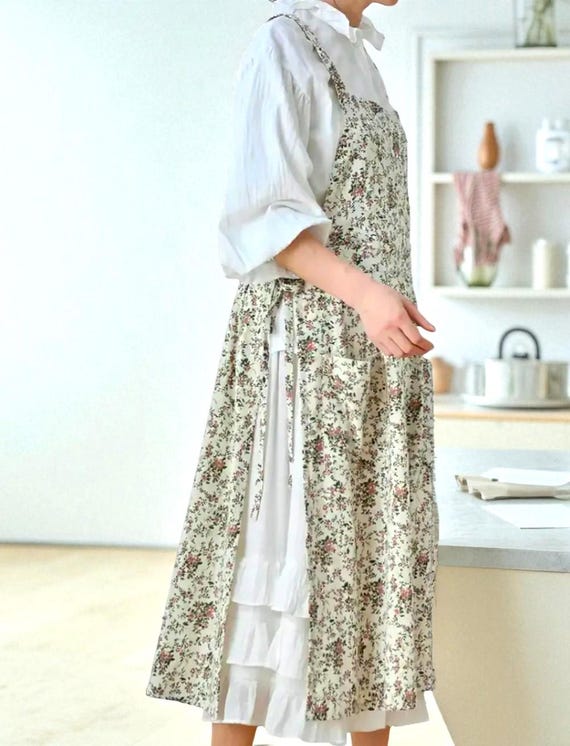 Floral Cotton Cross-Back Apron Dress  Japanese Style Kitchen Apron