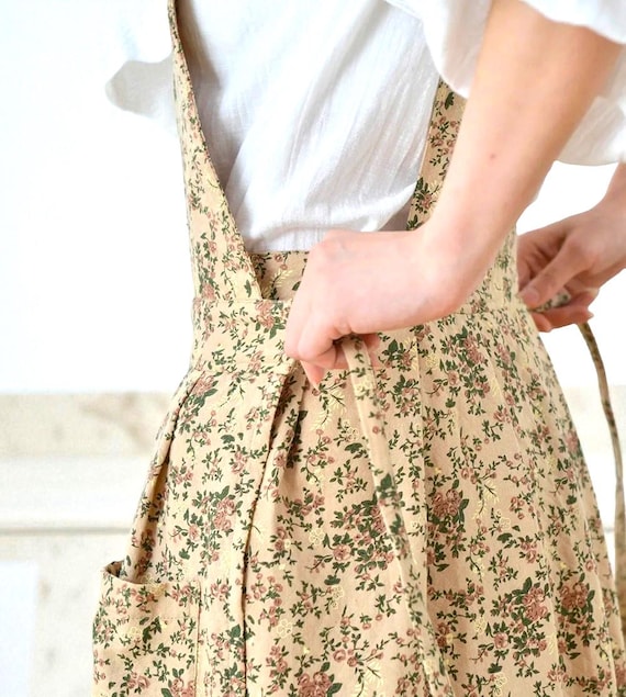 Floral Cotton Cross-Back Apron Dress  Japanese Style Kitchen Apron