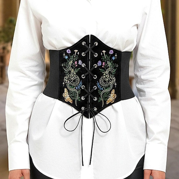 Gothic Snake Embroidery Corset Belt – Y2K Elastic Waist Cincher, Gothic Fairycore Waist Belt