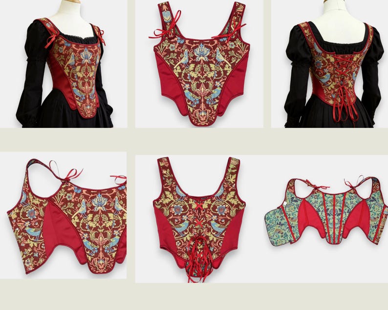 Op de afbeelding: Een collectie korsetten in renaissancestijl. De korsetten hebben een rode satijnen basis met een gedetailleerd bloemen- en vogelpatroon in goud, blauw en groen. Sommige worden op mannequins getoond, met ontwerpen aan de voor- en achterkant.
