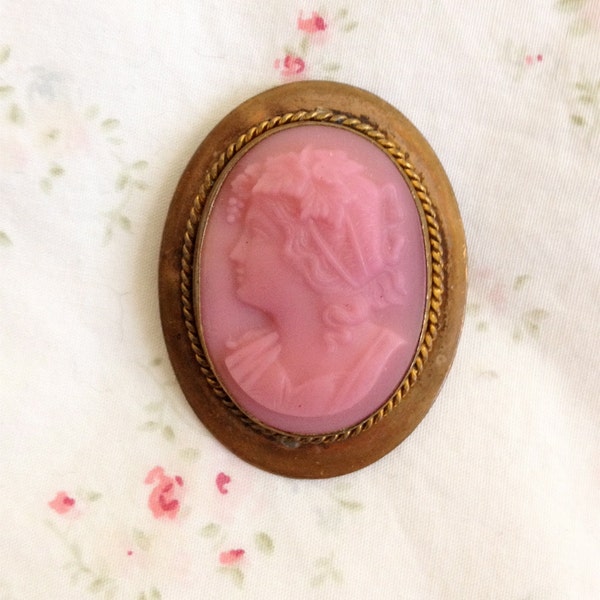 Vintage Pink Cameo Brooch in Copper Setting