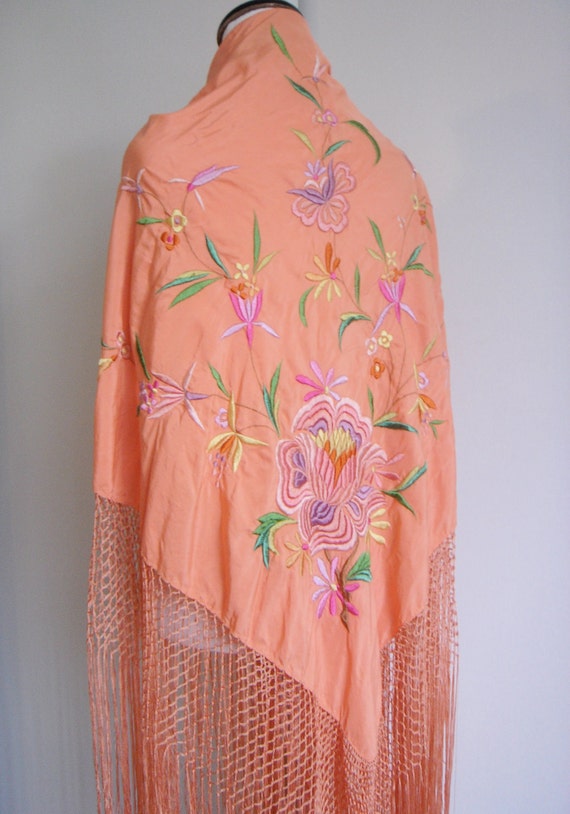 Vintage Embroidered Silk Piano Shawl