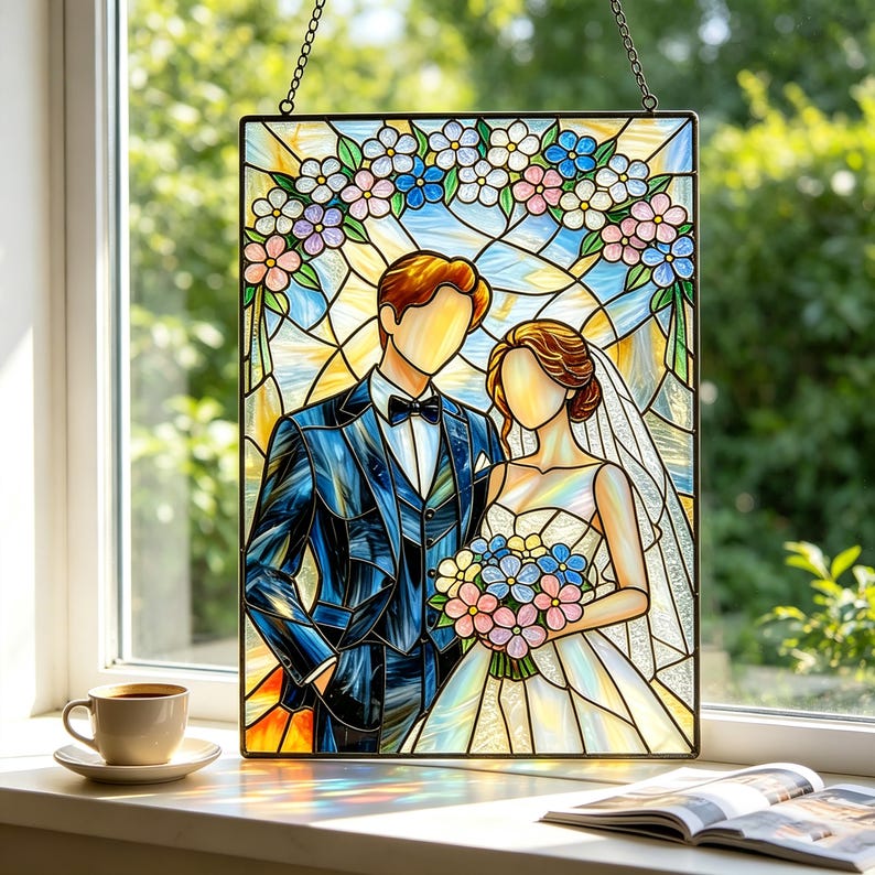 May include: A rectangular stained glass suncatcher depicting a couple in wedding attire. The figure on the left wears a dark blue suit with a bowtie, while the figure on the right wears a white gown and veil, holding a bouquet of colorful flowers.
