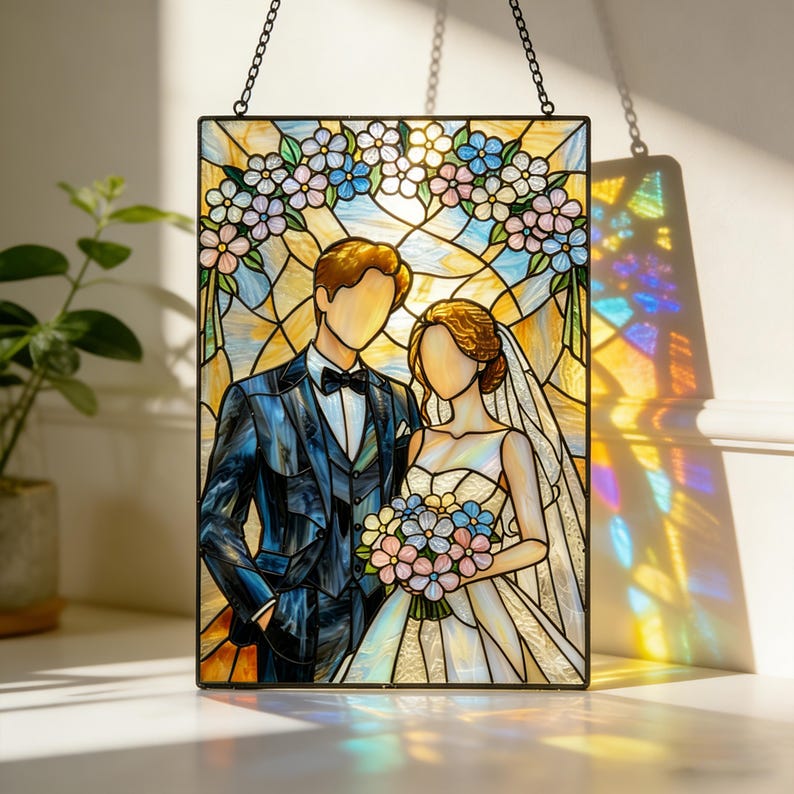 May include: A rectangular stained glass suncatcher featuring a faceless couple in wedding attire. The person on the left wears a dark blue suit with a bow tie, and the person on the right wears a white gown and veil, holding a bouquet of blue and pink flowers.