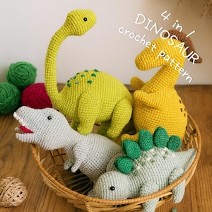 4 in 1 Dinosaur Crochet Pattern PDF, Amigurumi Dino Tutorial, DIY Stegosaurus, T-Rex, Brontosaurus, Parasaurolophus Plush Toy Pattern