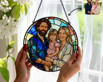 Personalized Stained Glass Portrait, Hand Painted Ornament, Unique Family Gift for Christmas or Anniversary