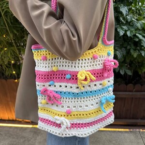 Colorful Crochet Tote Bag Pattern PDF, Beginner-Friendly Crochet Pattern, DIY Rainbow Popcorn Stitch Shoulder Bag Tutorial, Instant Download
