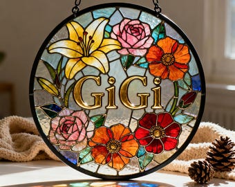 Personalized Stained Glass Sun Catcher, Custom Floral Name Sign, Hanging Window Decor, Gift for Mom Grandma, Mothers Day Gift