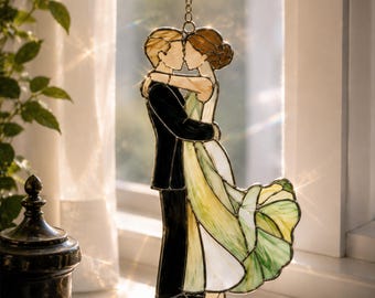 Personalized Couple Stained Glass Art, Custom Wedding Portrait Suncatcher, Engagement Anniversary Gift for Couples