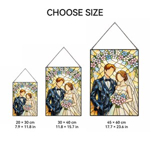 May include: Three stained glass wall hangings featuring a wedding couple under a floral arch, available in sizes 7.9 x 11.8 inches, 11.8 x 15.7 inches, and 17.7 x 23.6 inches. The text CHOOSE SIZE is displayed above the three rectangular panels.