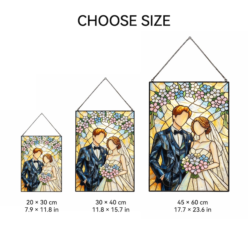 May include: Three stained glass wall hangings featuring a wedding couple under a floral arch, available in sizes 7.9 x 11.8 inches, 11.8 x 15.7 inches, and 17.7 x 23.6 inches. The text CHOOSE SIZE is displayed above the three rectangular panels.
