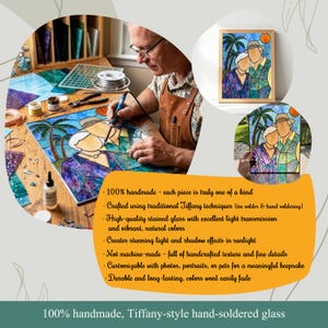 May include: A stained glass portrait featuring two figures in a tropical setting with palm trees and a sun. The artwork is constructed from multicolored glass pieces joined with solder, showcasing a couple in a purple shirt and green vest.