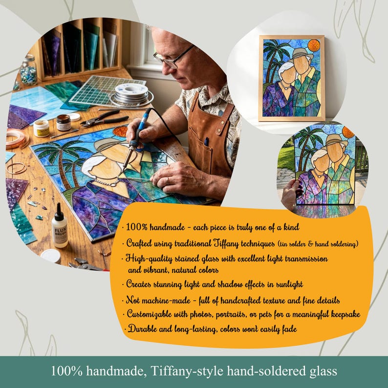May include: A stained glass portrait featuring two figures in a tropical setting with palm trees and a sun. The artwork is constructed from multicolored glass pieces joined with solder, showcasing a couple in a purple shirt and green vest.