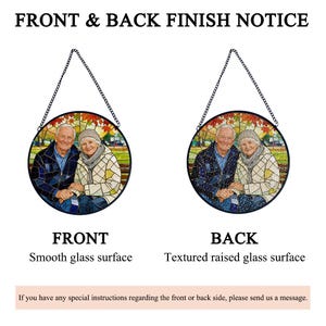 The image is a mosaic glass artwork featuring two elderly couples posing together. The artwork has a textured raised glass surface, which is the front and back of the piece. The text on the artwork indicates that it is a "Front & Back Finish Notice" and that if there are any special instructions regarding the front or back side, one should send a message.