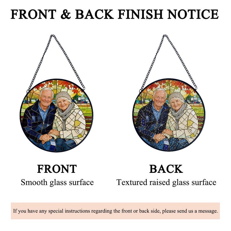 The image is a mosaic glass artwork featuring two elderly couples posing together. The artwork has a textured raised glass surface, which is the front and back of the piece. The text on the artwork indicates that it is a "Front & Back Finish Notice" and that if there are any special instructions regarding the front or back side, one should send a message.